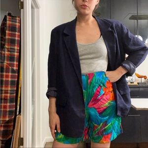 Vintage linen Oversized Blazer boyfriend jacket navy blue